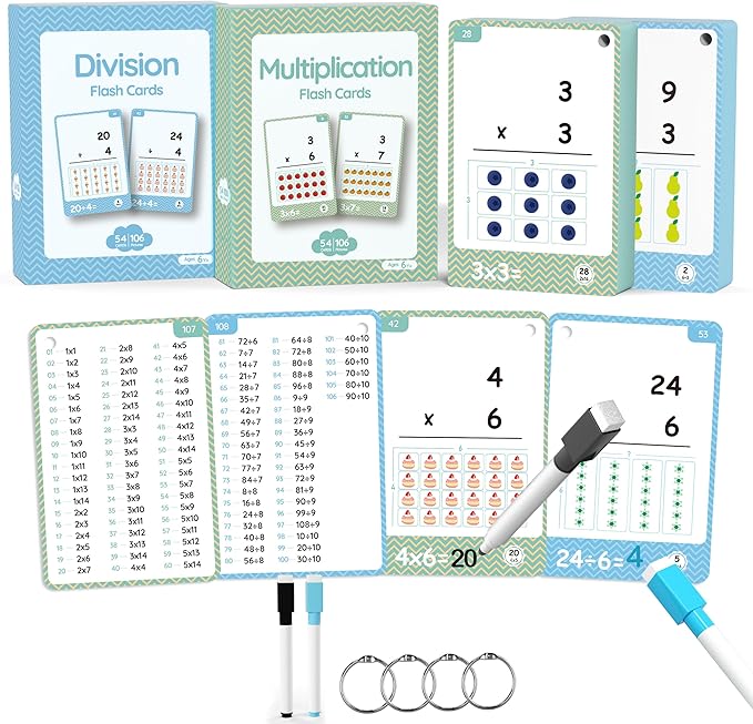 110 Cards, 212 Pictures Educational Math Flash Cards, MUL Div Multiplication Division Flash Cards, for Toddlers 7,8,9,10,11 Years for 2ed, 3rd,4th,5th, 6th Grade Studends. (Multi Division Set)