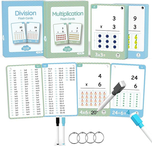 110 Cards, 212 Pictures Educational Math Flash Cards, MUL Div Multiplication Division Flash Cards, for Toddlers 7,8,9,10,11 Years for 2ed, 3rd,4th,5th, 6th Grade Studends. (Multi Division Set)