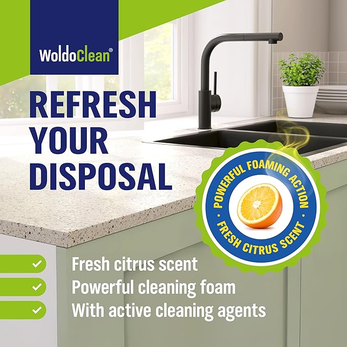 WoldoClean Garbage Disposal Cleaner Tablets - 24 Pack, Removes Grease & Odors, Fresh Citrus Foaming Action for Powerful & Deep Kitchen Cleaning