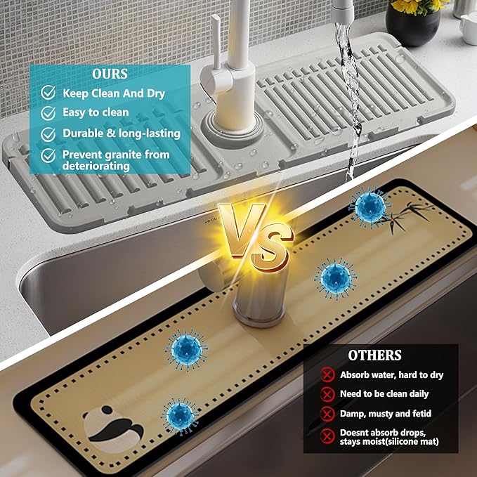 Faucet Mat for Kitchen Sink, Silicone Faucet Handle Drip Catcher Tray Mat, Silicone Kitchen Sink Splash Guard, Ideal Protective Tray for Stone Sinks in Kitchen & Bathroom