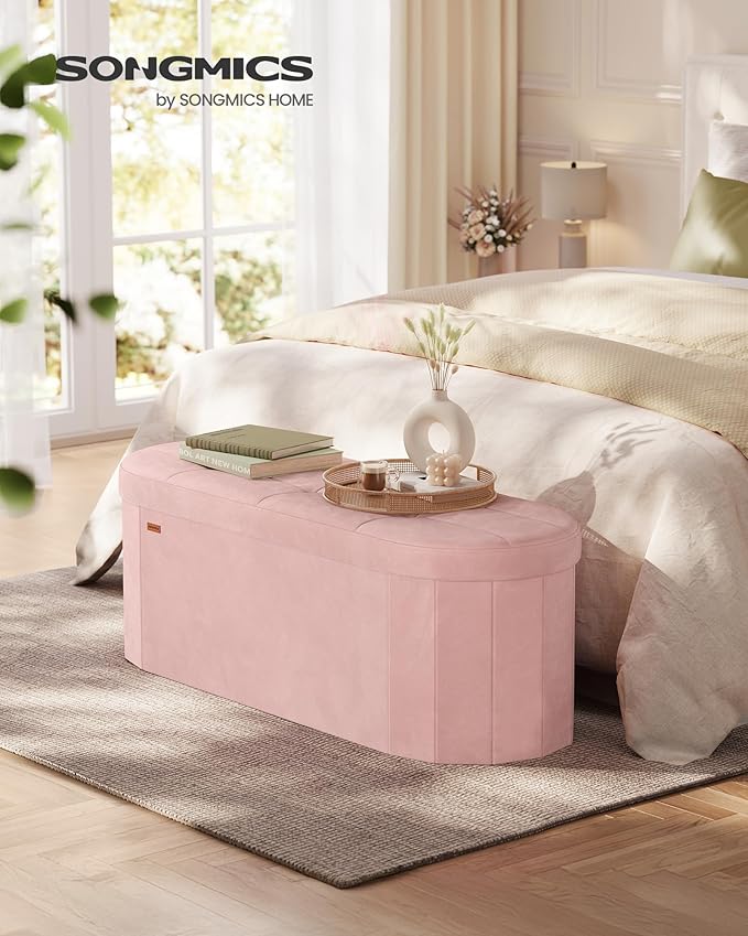 SONGMICS Mazie Collection - Folding Ottoman with Storage, Oval Storage Ottoman Bench, for Living Room, Bedroom, Velvet Fabric, 15 x 43 x 15 Inches, Jelly Pink ULSF297SA01