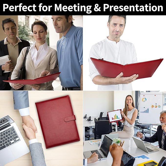 Professional Padfolio with Clipboard, Faux Leather Portfolio Folder Binder, Legal Pad Holder for A4 Letter Size Notepad, Resume, Writing, Ideal Organizer for Business Office Conference (Red)