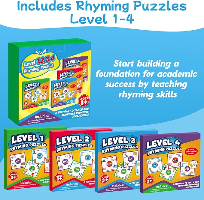 Torlam Phonics Puzzle Cards Level 1-4, Learn to Read Rhyming Games Phonics Flash Cards Spelling CVC Words, Digraphs Blends, Long Vowel, Silent E, Trigraphs Sight Words for Toddlers Kids Kindergarten