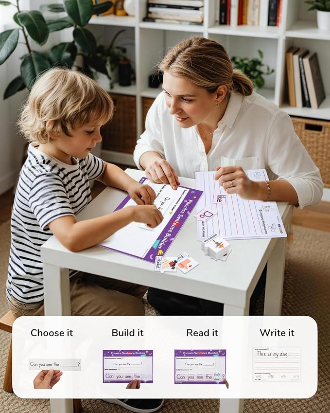 CHEFAN Sentence Building Phonics Flash Cards Kit, Sight Words & Picture Cards with Writing Board, Learn to Read Digraphs for Toddlers & PreK Kindergarten 1st Grade, Speech Therapy Educational Toys