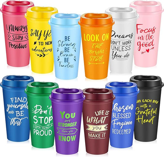 12 Pcs Inspirational Gifts for Employee Coworkers Staff Teammate, 16oz Reusable Plastic Coffee Cups with Positive Sayings, Bundle Gifts for Woman Man Coworker (Bright Color,Inspirational)