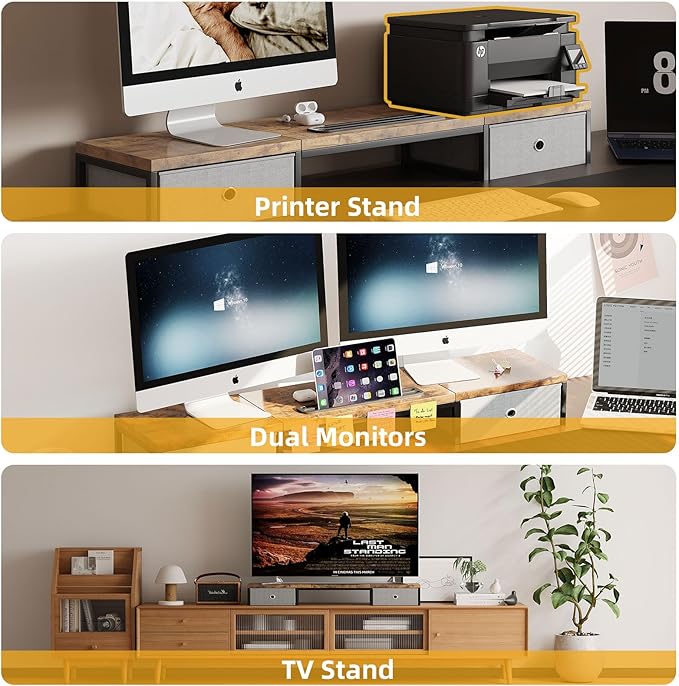 Mexin Dual Monitor Stand Riser with 2 Drawers - 39Inch Large Storage Computer Monitor Stands for 2 Monitors, Wooden Desktop Organizer Perfect for Home Office Desk, Computer, Laptop, TV, Rustic Brown