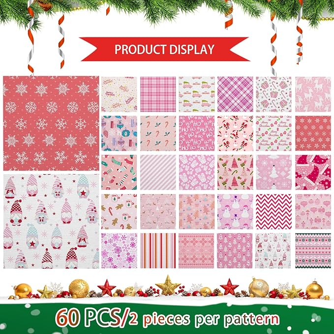 Shimeyao 60 Pcs 10 x 10 Inch Pink Christmas Quilting Fabric Bundle Fat Quarters Santa Snowman Reindeer Print Squares Fabric Printed Patchwork Supplies for Xmas DIY Decorations Sewing Craft