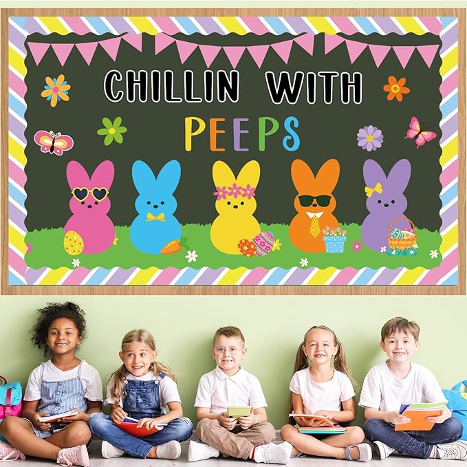 Easter Bulletin Board Decoration Set Easter Bunny Classroom Decoration Colorful Eggs Bunny Flower Paper Cutouts for Spring Party Supplies School Classroom Home Office Nursery Chalkboard Wall Decor