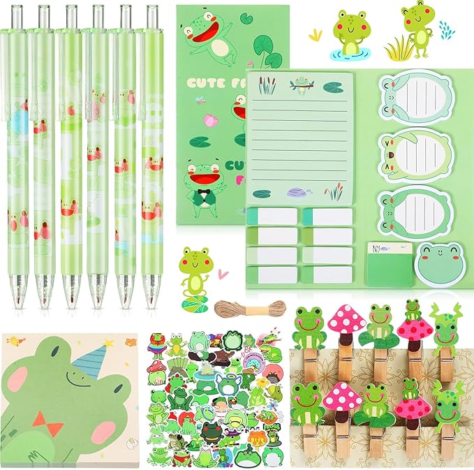 Crtin 69 Pcs Cute Sticky Notes Set,Cartoon Pen, Stickers, Paperclip, Sticky Memos Office & Party Favors(Frog)