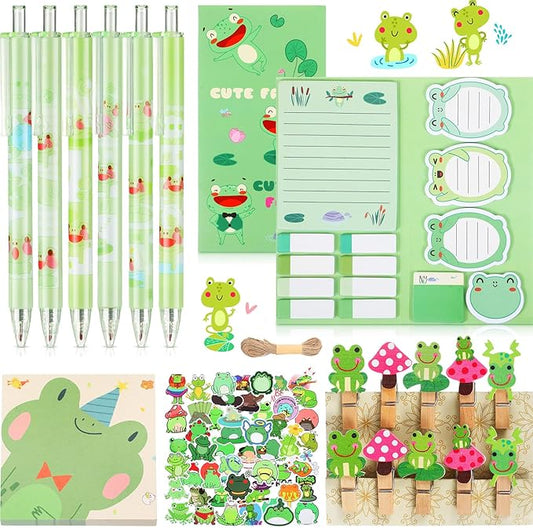 Crtin 69 Pcs Cute Sticky Notes Set,Cartoon Pen, Stickers, Paperclip, Sticky Memos Office & Party Favors(Frog)