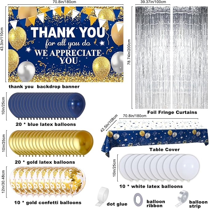 We Appreciate You Decorations Banner Blue and Gold Thank You for All You Do Backdrop, Employee Appreciation Party Decorations Coworkers Teacher Pastor Veterans Day Appreciation Decor Fringe Curtains