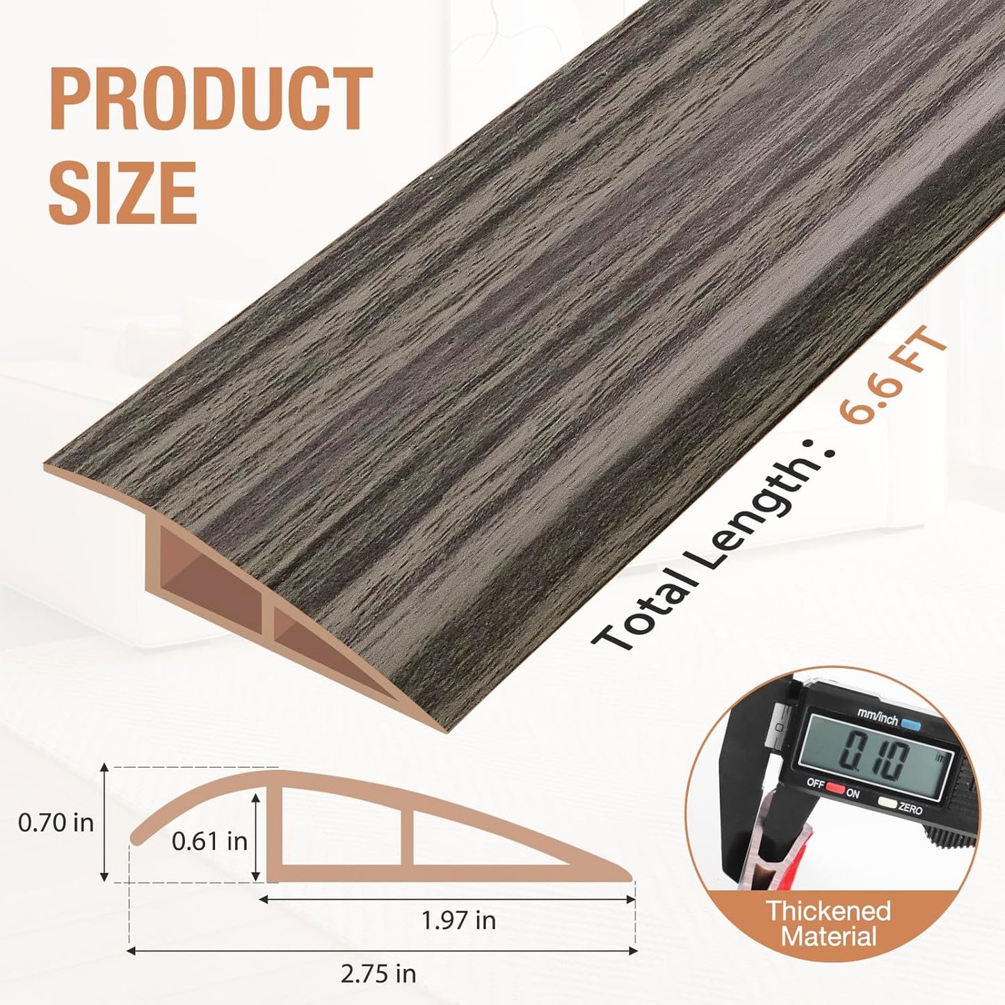 Floor Transition Strip Self Adhesive Vinyl Door Threshold for Doorways Carpet Edging Trim Overlap Edge Reducer for Laminate Floor, Carpet, Tile (Grayish Brown Wood Grain, 2/5" to 3/5", 6.6Ft)