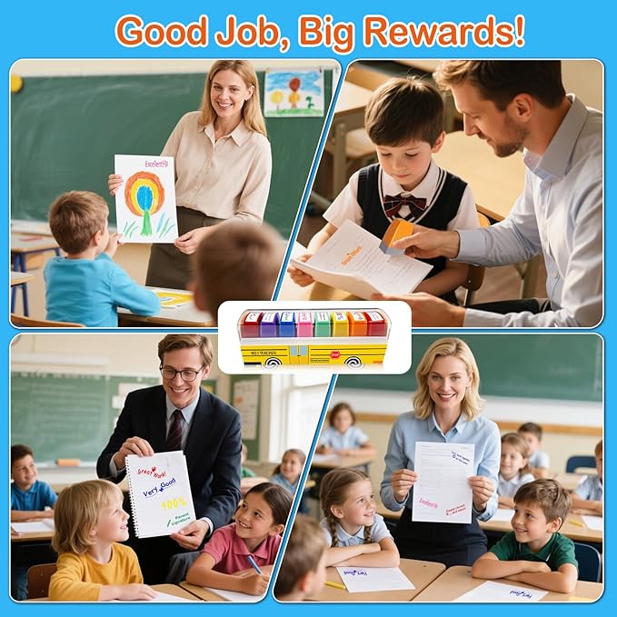 Teacher Stamps for Grading Classroom, Easter Basket Stuffers New Teacher Appreciation Gifts, Self-Inking Motivation Great Job Parent Signature Stamp for Homework Must Haves, Teacher Supplies (8 pcs)
