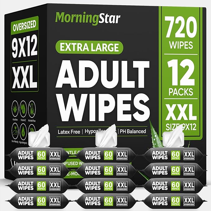 Adult Wipes for Elderly - 720 Wipes 12 Packs Thick Extra Large Disposable Washcloths for Adult Bathing & Shower Alternative No-Rinse - Lightly Scented XXL
