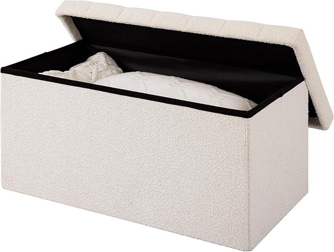 Seville Classics Cushioned Fabric Ottoman Hidden Storage Chest Footrest Chair, Padded Seat for Bedroom, Dorm, Loft, Living Room, Entryway, Hallway, White Boucle, 30" Bench