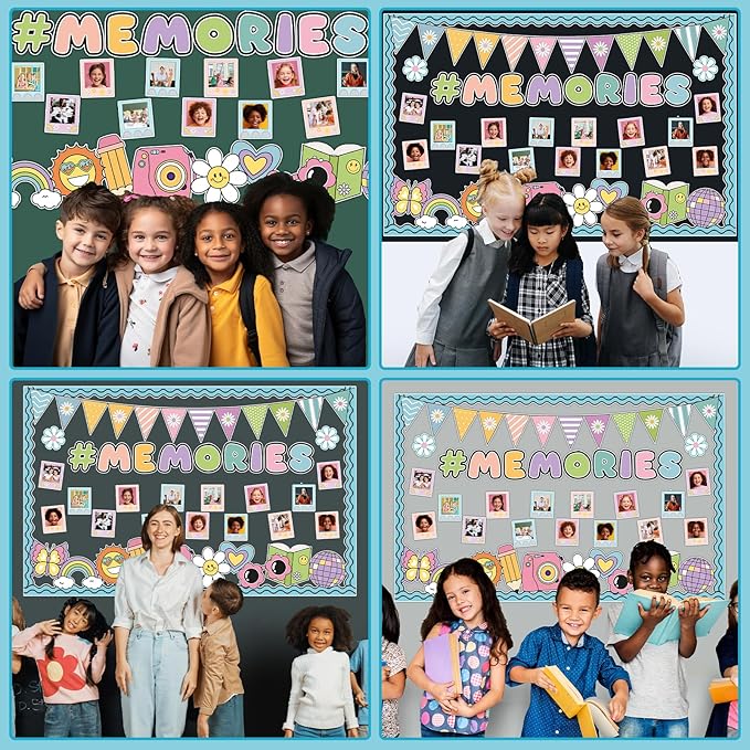 Groovy End of Year Bulletin Board for Classroom Decoration 2026 Graduation Memories Boho Retro Hippie Bulletin Board Set Rainbow Cutouts Daisy Diy Photo Picture Frame for Chalkboard Wall Teacher