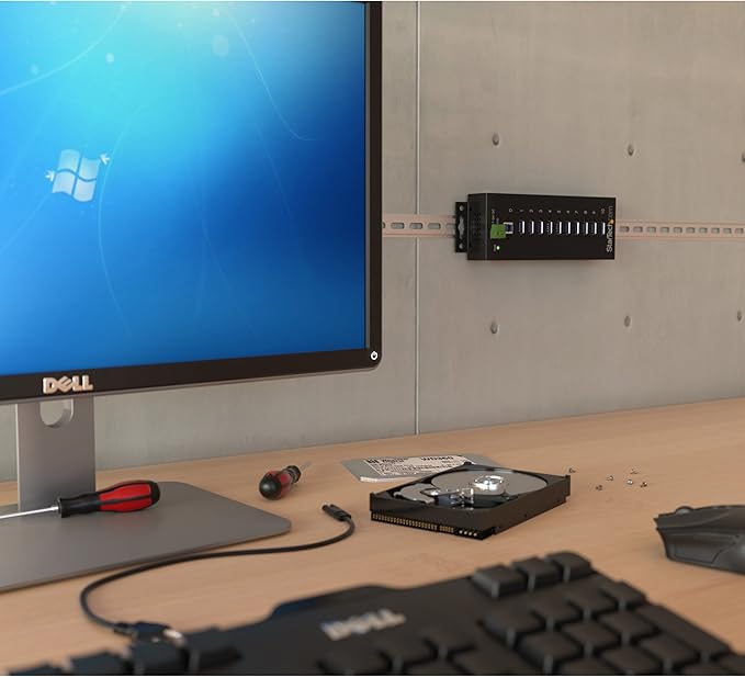 StarTech.com 10-Port USB 3.0 Hub - 5Gbps - Metal Industrial USB-A Hub with ESD & Surge Protection - Din Rail, Wall or Desk Mountable - TAA Compliant USB Expander Hub (ST1030USBM)