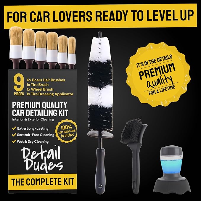 Soft Boar Hair Car Detailing Brush Set - 6-Pack - Scratch-Free Soft Bristle Cleaning Brushes - Reaches Tight Spots & Interior Car Cleaning Kit - Ergonomic & Durable Detailing Supplies