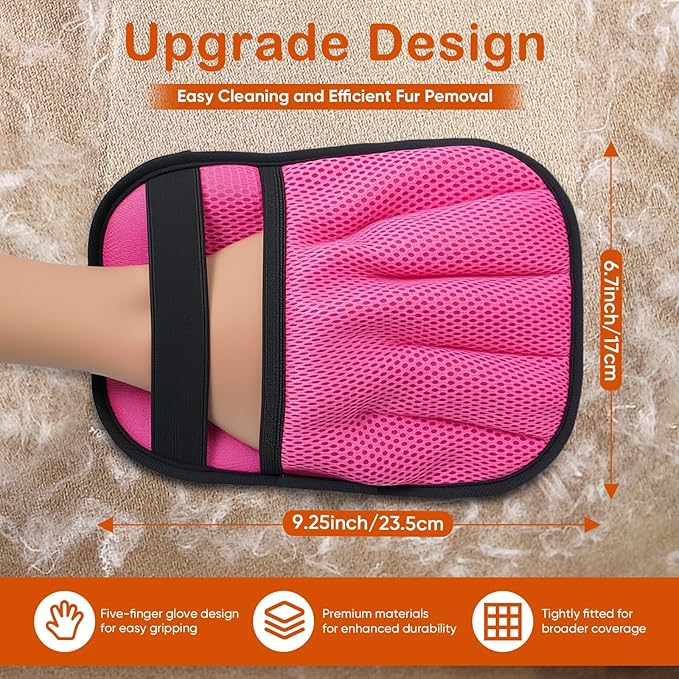 2Pcs Pet Hair Removal Gloves for Cats & Dogs: Upgraded Five-Finger Electrostatic Magic Brush | Reusable Pet Fur Remover Glove for Laundry, Couch, Carpet, Car Seats, Furniture & Clothing (Pink)