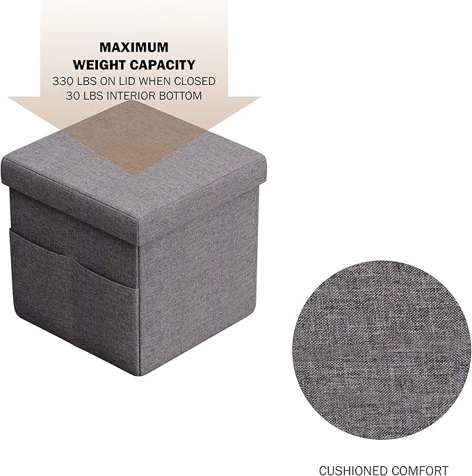 Set of 2 Ottomans with Storage Pockets - 15-Inch Folding Foot Rests or Storage Organizers for Bedroom, Living Room, or Dorm by Lavish Home (Gray)