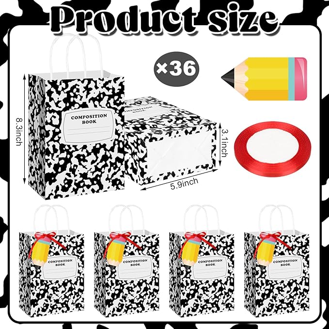 Kolldenn Teacher Gift Bags Composition Paper Bags with Handles Notebook Line Teacher Appreciation Graduation Gifts Bag for Kindergarten Preschool End of Year Party Favors Wrapping(36 Pcs,Composition)