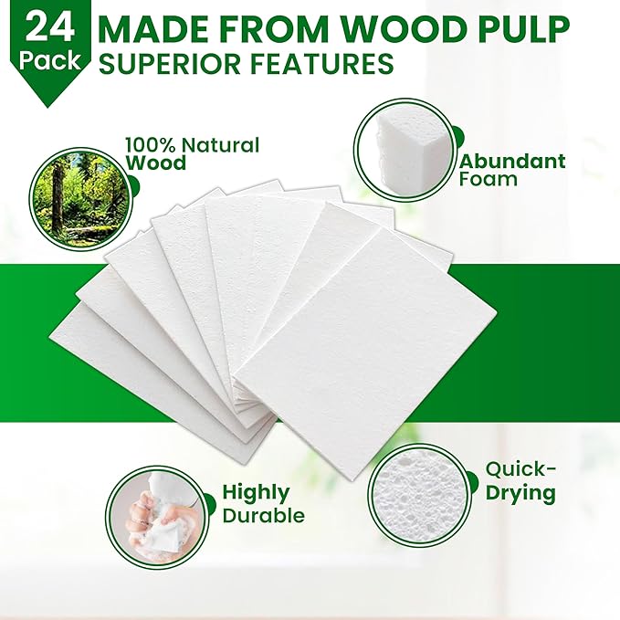 Cellulose Sponges – 24-Pack White Compressed Natural for Kitchen – Plant-Based, Biodegradable, Non-Scratch, Quick-Dry, Super-Absorbent for Dishes & Surfaces (24, White)