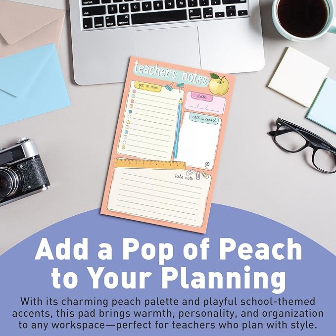 Sweetzer & Orange Teacher Planner Pad – Weekly Undated Lesson Planner for Teachers – 60 Tear-Off Sheets – 9” x 6” Compact Desk Notepad with Notes and Contact Section – Stylish Peach Border