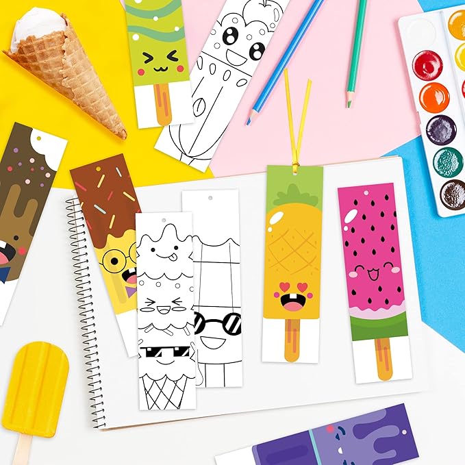 150Pcs Ice Cream Color Your Own Bookmarks for Kids Summer Ice Cream Theme DIY Coloring Blank Bookmark Classroom Art Craft Supplies for Teachers Students Birthday Gift Party Reward Goodie Fillers