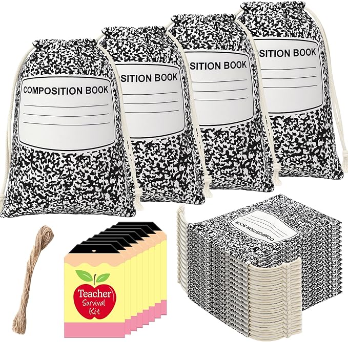 Sweetude 24 Set Teacher Appreciation Gifts Drawstring Bags Composition Notebook Bags with Tags Teacher Supplies Survival Kit Thank You Canvas Gift Wrap for Holiday Graduation Birthday Party