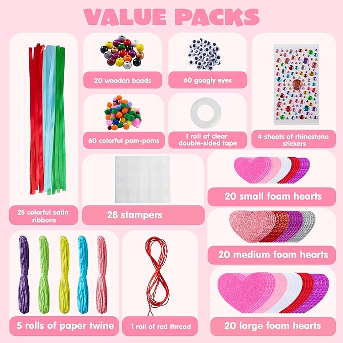 JOYIN Valentines Day 264 Pcs DIY Heart Felt Craft Set, Felt & Glitter Hearts & Wooden Beads & Plastic Eyes & Colorful Paper Ropes for Valentine's Day Kids Craft Party Classroom Ornaments Decorations