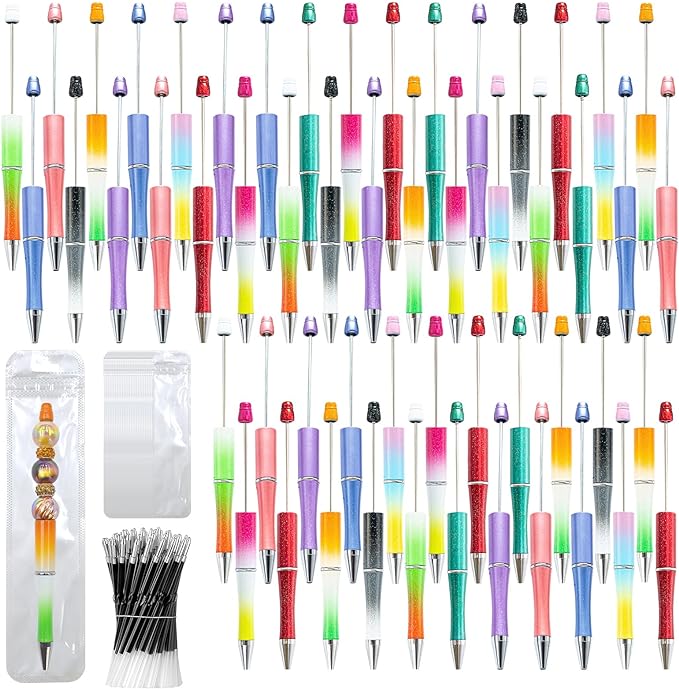 300 Pieces DIY Beadable Pen Kit – 100 Plastic Ballpoint Pens with Refills & Bags – School Supplies, Office Accessories & Decorative Items for Students & Teachers (Gradient)