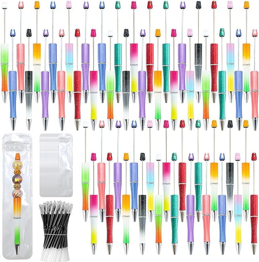 300 Pieces DIY Beadable Pen Kit – 100 Plastic Ballpoint Pens with Refills & Bags – School Supplies, Office Accessories & Decorative Items for Students & Teachers (Gradient)