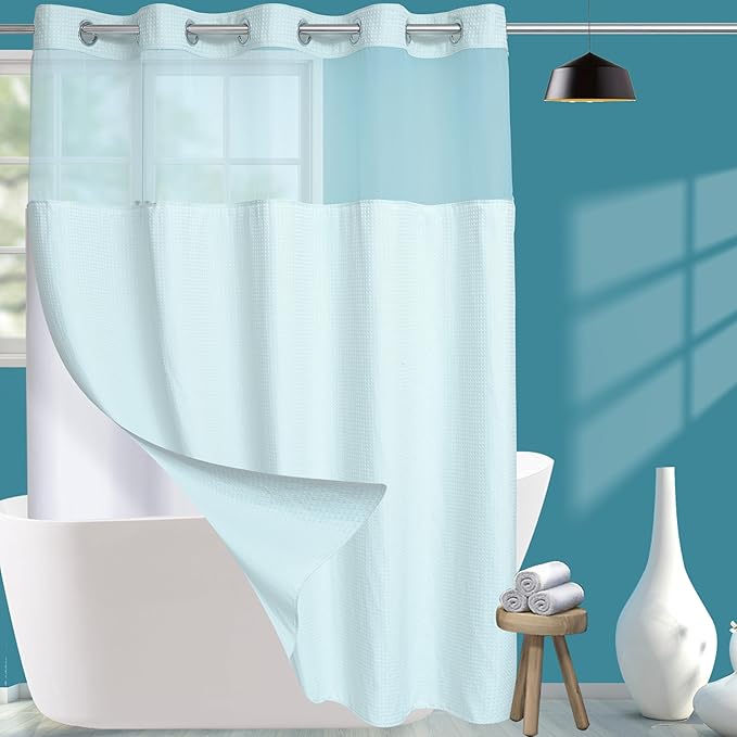 Conbo Mio No Hook Waffle Weave Shower Curtain with Snap in Liner Set, Hotel Luxury Blue Shower Curtains for Bathroom with See Through Top Window, Waterproof, Washable 71W x 74H