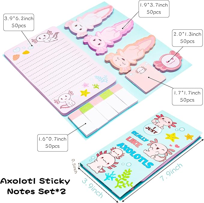 Xqumoi 2 Pack I Just Really Like Axolotl Sticky Notes Set - Animal Mexican Walking Fish Self-Stick Notes Pads Divider Tabs Bundle Writing Memo Pads Page Marker Back to School Office Supplies Gift