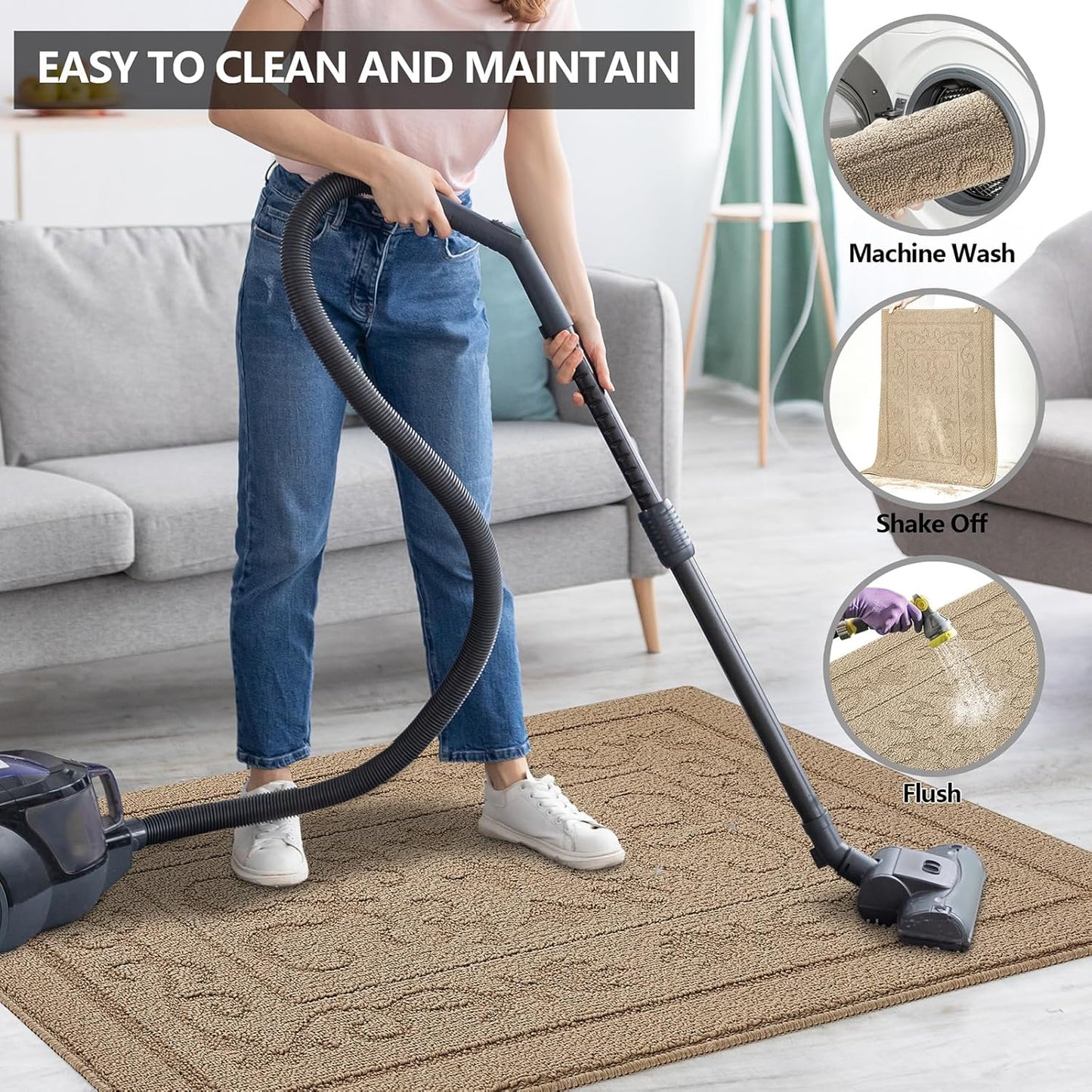 FONEYI Indoor Door Mat 36" x 59", Dirt Trapper Door Mats Non-Slip Entryway Rugs Washable, Absorbent Resist Dirt Welcome Mat, Low Profile Inside Floor Mats for Front Back Door and Entryway, Beige