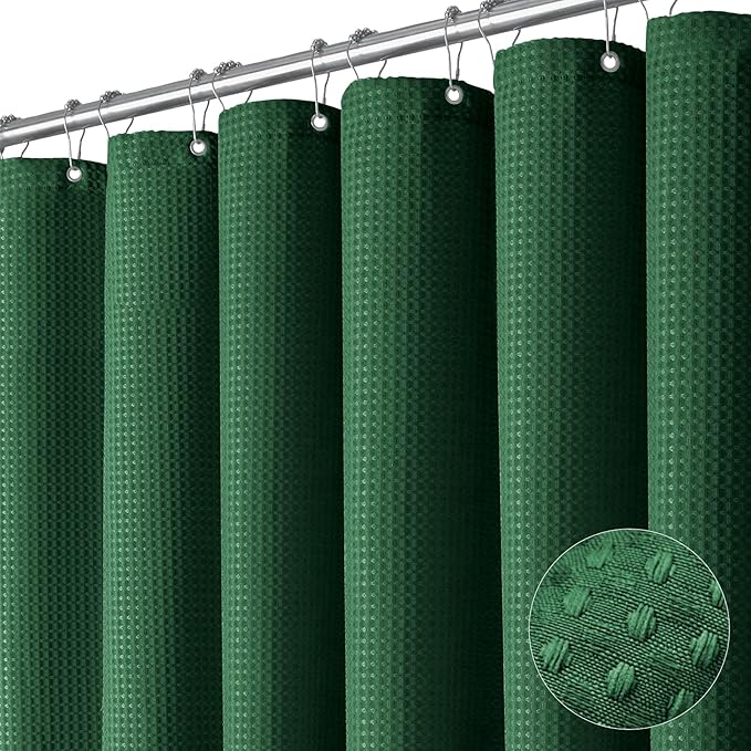 Dynamene Extra Wide Shower Curtain-108 Inch Wide Waffle Weave Weighted Thick Cloth Bathroom Shower Curtain, Neutral Heavy Duty Hotel Bath Curtain Set with 18 Plastic Hooks,108x72, Dark Green