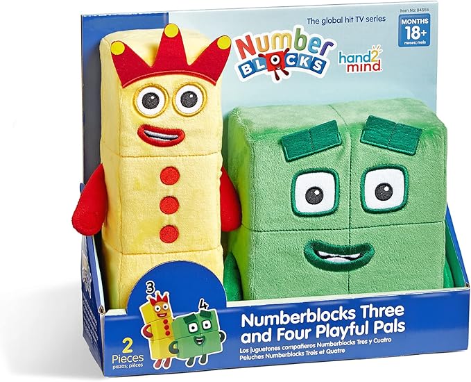 hand2mind Numberblocks Three & Four Playful Pals, Plush Figure Toys, Numbers for Toddlers, Preschool Math Learning Toys, Stuffed Animal Plushies, Counting Blocks, Soft Stuffies, Kids Birthday Gifts