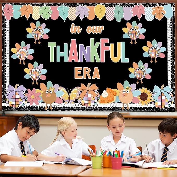 Fall Thanksgiving Turkey Bulletin Board for Classroom Decoration in Our Thankful Era Theme Bulletin Board Set Autumn Turkey Pumpkin Leaves Cutouts Fall Thanksgiving DIY Photo for Chalkboard Wall Decor