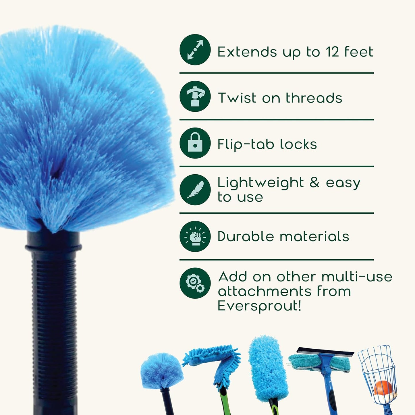 EVERSPROUT Twist-On Cobweb Duster (Soft Bristles) | Indoor & Outdoor use Brush Attachment | Fits Standard 3/4 inch Threaded Poles | Brush Only (Pole Sold Separately) | Spider Cobweb Duster Head