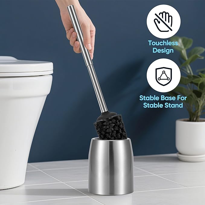 SUS304 Stainless Steel Toilet Brush and Holder Set Stain Nickle 12In Handle BristlesToilet Bowl Brush Cepillo para Baños Bathroom Brushes Cleaning Brush with Case Anti-Rust Brushed Silver