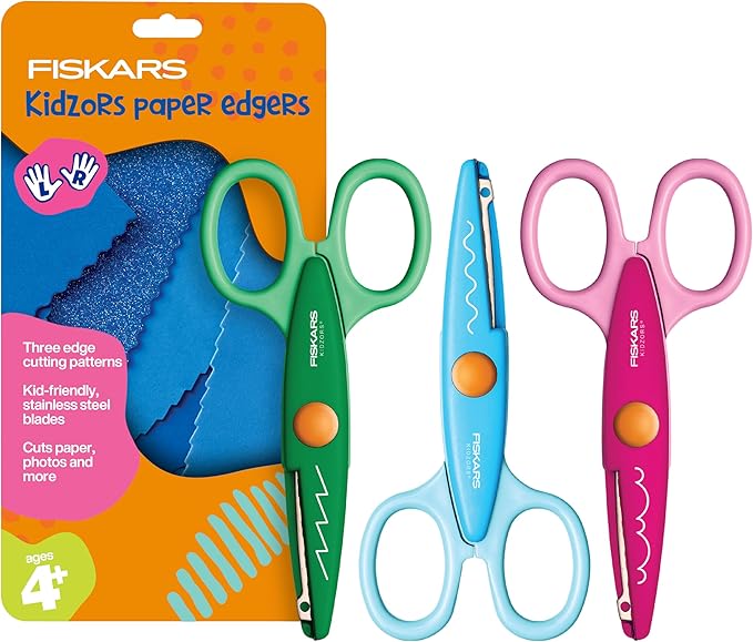 Fiskars Kidzors Paper Edgers Scissors – Decorative Scissors for Paper, Cardstock, & Crafts, For Crafting and School Supplies, 5 inches, 3 Pack