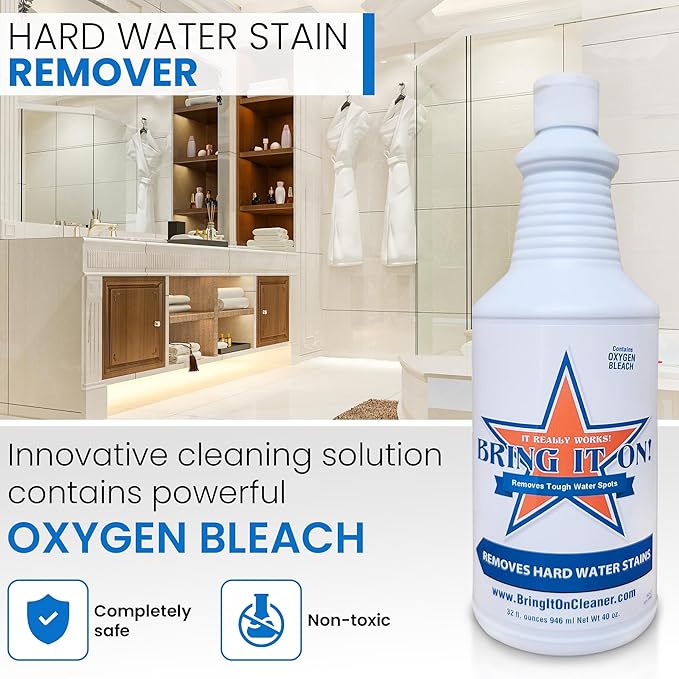 Bring It On Cleaner: Shower Door Hard Water Spot Stain Remover with Oxygen Bleach. Safely Clean Shower Door Glass, Tiles, Taps, Grout and Fiberglass 128oz