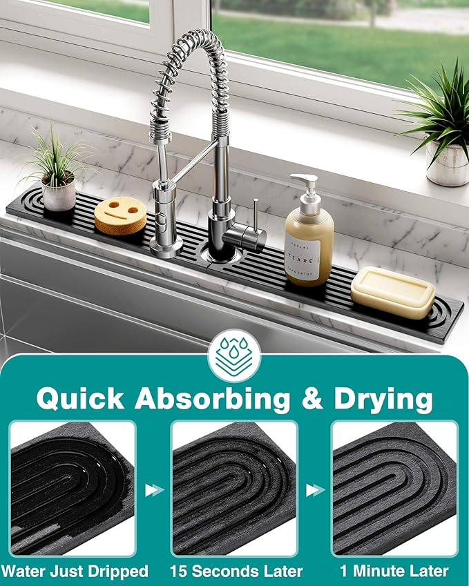 Stone Faucet Mat for Kitchen Sink, Diatomite Sink Protectors - Prevent Moisture Drying Stone Tray Fit Kitchen Counter & Bathroom Counter (Dark Gray, 23.6" x 4")