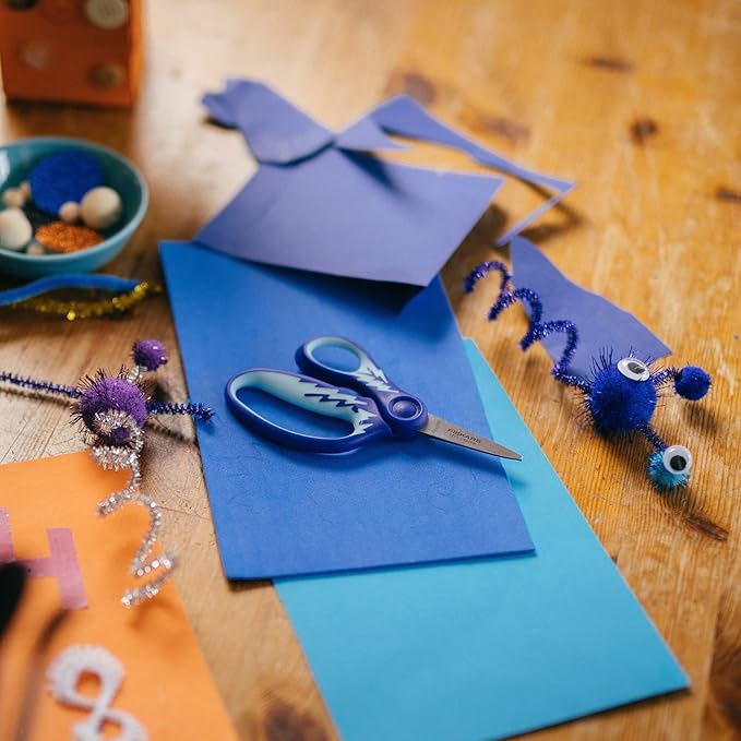Fiskars 5" Left-Handed Softgrip Pointed-Tip Scissors for Kids 4-7 - Scissors for School or Crafting - Back to School Supplies - Blue Lightning