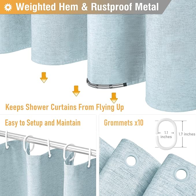 BTTN Stall Fabric Shower Curtain, 60 Inch Linen Textured Heavy Duty Small Cloth Shower Curtain Set with 10 Plastic Hooks, Narrow Simple Modern Weighted Shower Curtains for Bathroom - 60 x 72, Fog Blue
