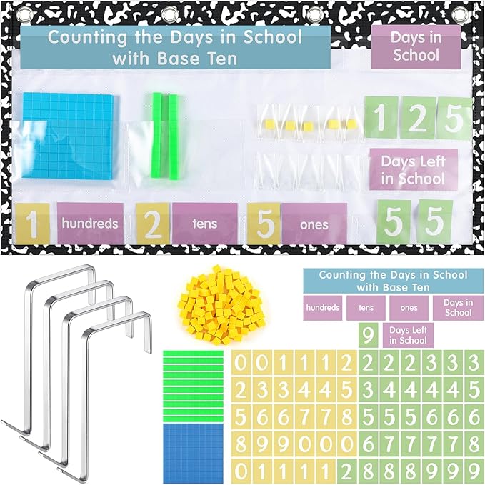 Back to School Counting The Days with Base Ten Pocket Chart Place Value, Counting Caddie Pocket Chart for Classroom Bulletin Board School or Home Decor, 4 Hooks(Black,Composition Notebook)