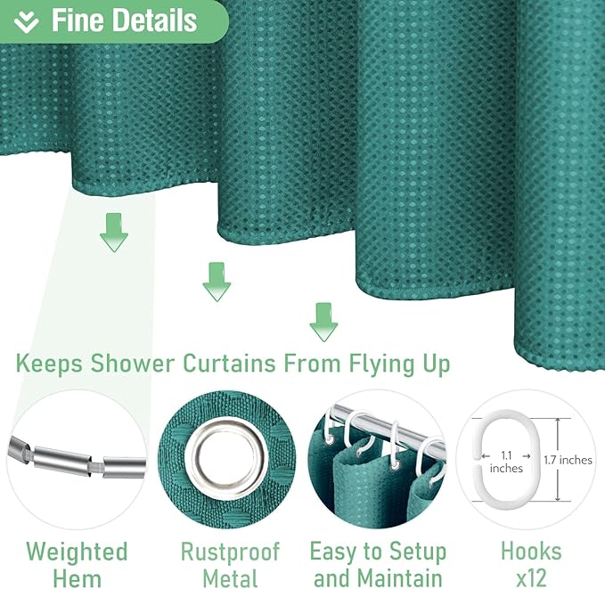 Dynamene Green Fabric Shower Curtain - Waffle Weave Textured Heavy Duty Cloth Shower Curtains for Bathroom, 256GSM Hotel Luxury Weighted Bath Curtain Set with 12 Plastic Hooks,72x72, Seaweed Green