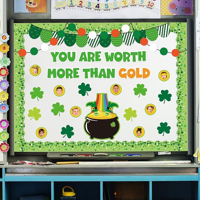JarThenaAMCS 72Pcs St. Patrick's Day Bulletin Board Decor Set Shamrock Clover Gold Coin Cut-Outs with Glue Points Bulletin Board Stickers for Irish Holiday School Classroom Wall Decor
