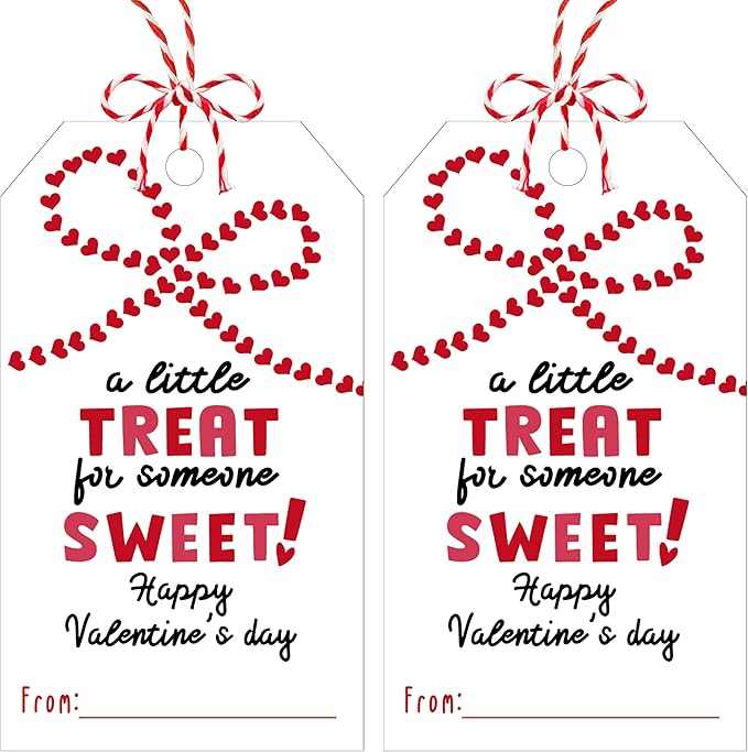 3.5 x 2.1 in Valentines Day Gift Sticker Tags - 50Pcs A Little Treat Happy Valentine Tags with String, Gift Label Idea Valentines Activity School Classroom Party Favors
