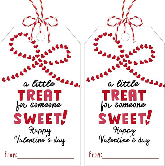 3.5 x 2.1 in Valentines Day Gift Sticker Tags - 50Pcs A Little Treat Happy Valentine Tags with String, Gift Label Idea Valentines Activity School Classroom Party Favors